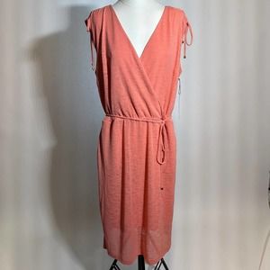 NEW Liz Claiborne Womens Coral Sleeveless Faux Wrap Belted Midi Dress Size L